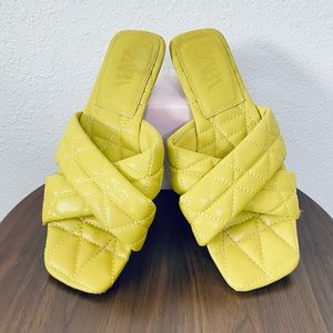 Zara Quilted Crossover Padded Chartreuse Flats Slip On Square Toe Sandals Size 8